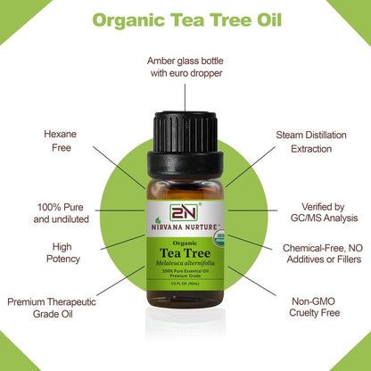 Nirvana Nurture Bio Teebaumöl, USDA zertifiziert, 100% rein und unverdünnt, Aromatherapieöl für Diffuser, Haar- und Hautpflege