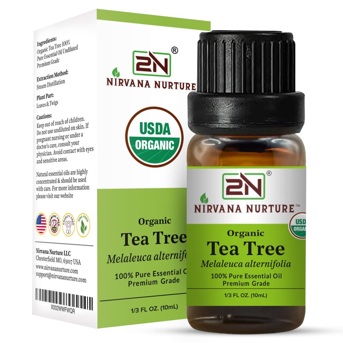 Nirvana Nurture Bio Teebaumöl, USDA zertifiziert, 100% rein und unverdünnt, Aromatherapieöl für Diffuser, Haar- und Hautpflege