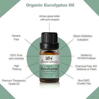 Nirvana Nurture Eukalyptus Bio ätherisches Öl, USDA-zertifiziert, 100% rein unverdünnt, Aromatherapieöl für Diffuser, Haar- und Hautpflege