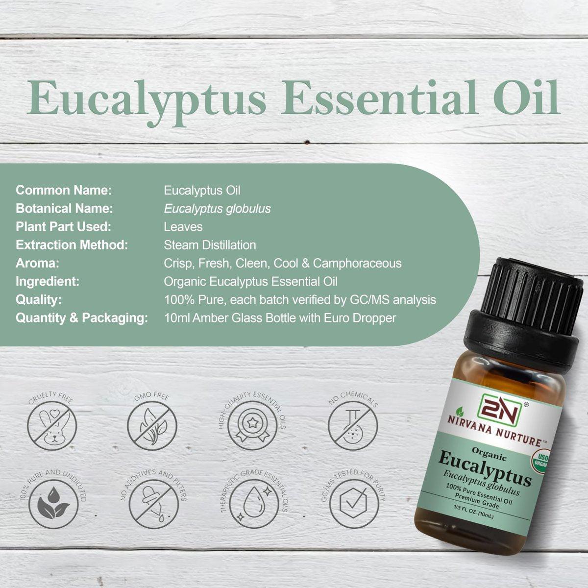 Nirvana Nurture Eukalyptus Bio ätherisches Öl, USDA-zertifiziert, 100% rein unverdünnt, Aromatherapieöl für Diffuser, Haar- und Hautpflege