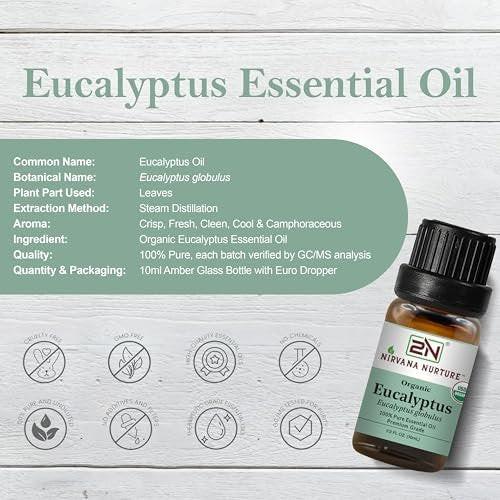 Nirvana Nurture Eukalyptus Bio ätherisches Öl, USDA-zertifiziert, 100% rein unverdünnt, Aromatherapieöl für Diffuser, Haar- und Hautpflege