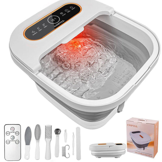 UNIFULL Zusammenklappbares Fußbad mit Wärme, Touchscreen, Fernbedienung, Massagerollen, Timer, Blasen, Fußpflegeset, Temperaturregelung, Fußbad