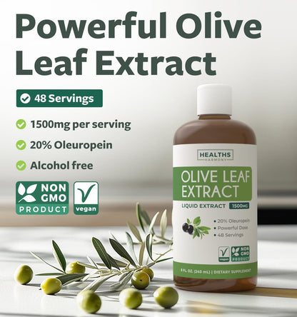Olivenblattextrakt (Non-GMO) Extra stark: 20 % Oleuropein – 1500 mg – Vegetarisch – Immunsystem-Unterstützung, Hautgesundheit und starke Antioxidantien – Flüssiger Extrakt – 240 ml
