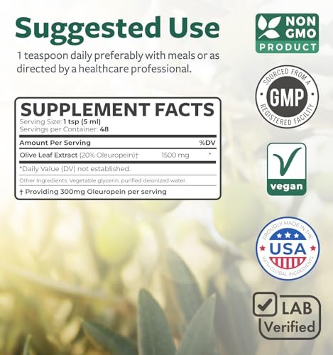 Olivenblattextrakt (Non-GMO) Extra stark: 20 % Oleuropein – 1500 mg – Vegetarisch – Immunsystem-Unterstützung, Hautgesundheit und starke Antioxidantien – Flüssiger Extrakt – 240 ml