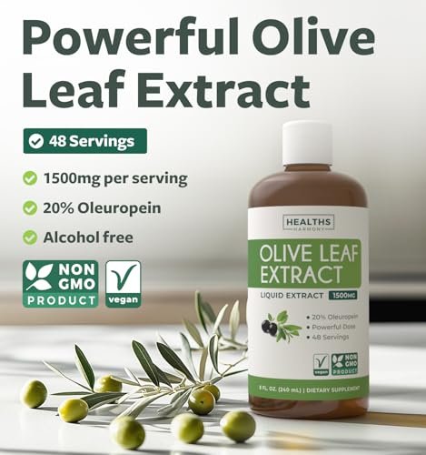 Olivenblattextrakt (Non-GMO) Extra stark: 20 % Oleuropein – 1500 mg – Vegetarisch – Immunsystem-Unterstützung, Hautgesundheit und starke Antioxidantien – Flüssiger Extrakt – 240 ml