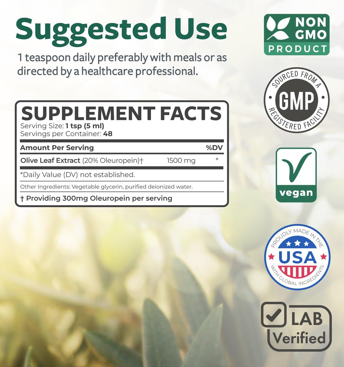 Olivenblattextrakt (Non-GMO) Extra stark: 20 % Oleuropein – 1500 mg – Vegetarisch – Immunsystem-Unterstützung, Hautgesundheit und starke Antioxidantien – Flüssiger Extrakt – 240 ml