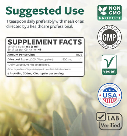 Olivenblattextrakt (Non-GMO) Extra stark: 20 % Oleuropein – 1500 mg – Vegetarisch – Immunsystem-Unterstützung, Hautgesundheit und starke Antioxidantien – Flüssiger Extrakt – 240 ml