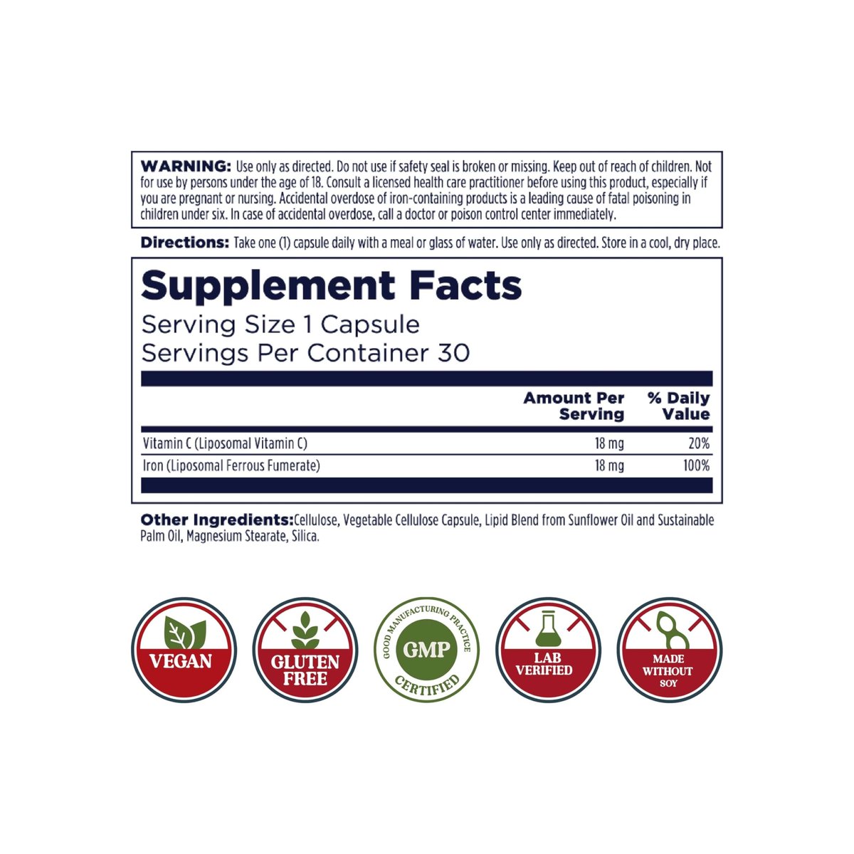 KAL Liposomales Eisenpräparat mit Liposomalem Vitamin C – Hochdosiert, Sanft zum Magen, Vegan, Glutenfrei, 30 Kapseln