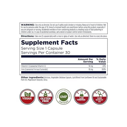 KAL Liposomales Eisenpräparat mit Liposomalem Vitamin C – Hochdosiert, Sanft zum Magen, Vegan, Glutenfrei, 30 Kapseln
