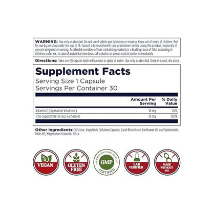 KAL Liposomales Eisenpräparat mit Liposomalem Vitamin C – Hochdosiert, Sanft zum Magen, Vegan, Glutenfrei, 30 Kapseln