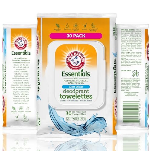 Arm & Hammer Gesichts- und Körperreinigungstücher für Erwachsene – Deodorant-Tücher 30 Blatt für Frauen – Dusch- und Reisetücher für Camping, Fitnessstudio und unterwegs – Alkoholfreie Abschnitte (Klares Wasser)