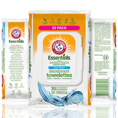 Arm & Hammer Gesichts- und Körperreinigungstücher für Erwachsene – Deodorant-Tücher 30 Blatt für Frauen – Dusch- und Reisetücher für Camping, Fitnessstudio und unterwegs – Alkoholfreie Abschnitte (Klares Wasser)