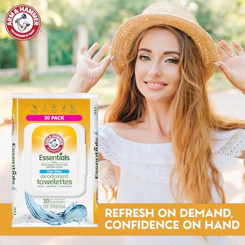 Arm & Hammer Gesichts- und Körperreinigungstücher für Erwachsene – Deodorant-Tücher 30 Blatt für Frauen – Dusch- und Reisetücher für Camping, Fitnessstudio und unterwegs – Alkoholfreie Abschnitte (Klares Wasser)