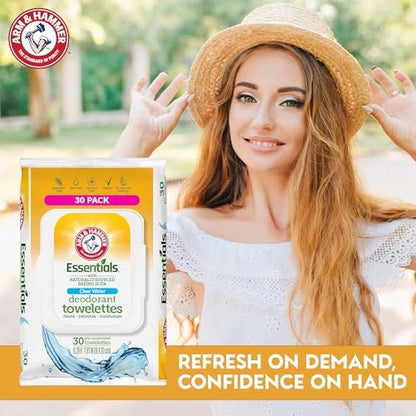Arm & Hammer Gesichts- und Körperreinigungstücher für Erwachsene – Deodorant-Tücher 30 Blatt für Frauen – Dusch- und Reisetücher für Camping, Fitnessstudio und unterwegs – Alkoholfreie Abschnitte (Klares Wasser)
