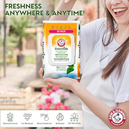 Arm & Hammer Gesichts- und Körpertücher für Erwachsene – Deodorant-Feuchttücher 30 Blatt für Frauen – Duschfeuchttücher für Reisen, Camping, Fitnessstudio und Körperpflege – Alkoholfreie Gesichtstücher (Simply Fresh)