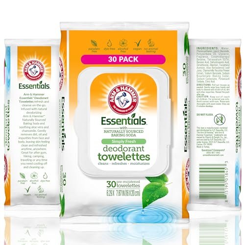 Arm & Hammer Gesichts- und Körpertücher für Erwachsene – Deodorant-Feuchttücher 30 Blatt für Frauen – Duschfeuchttücher für Reisen, Camping, Fitnessstudio und Körperpflege – Alkoholfreie Gesichtstücher (Simply Fresh)