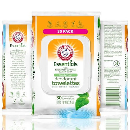 Arm & Hammer Gesichts- und Körpertücher für Erwachsene – Deodorant-Feuchttücher 30 Blatt für Frauen – Duschfeuchttücher für Reisen, Camping, Fitnessstudio und Körperpflege – Alkoholfreie Gesichtstücher (Simply Fresh)