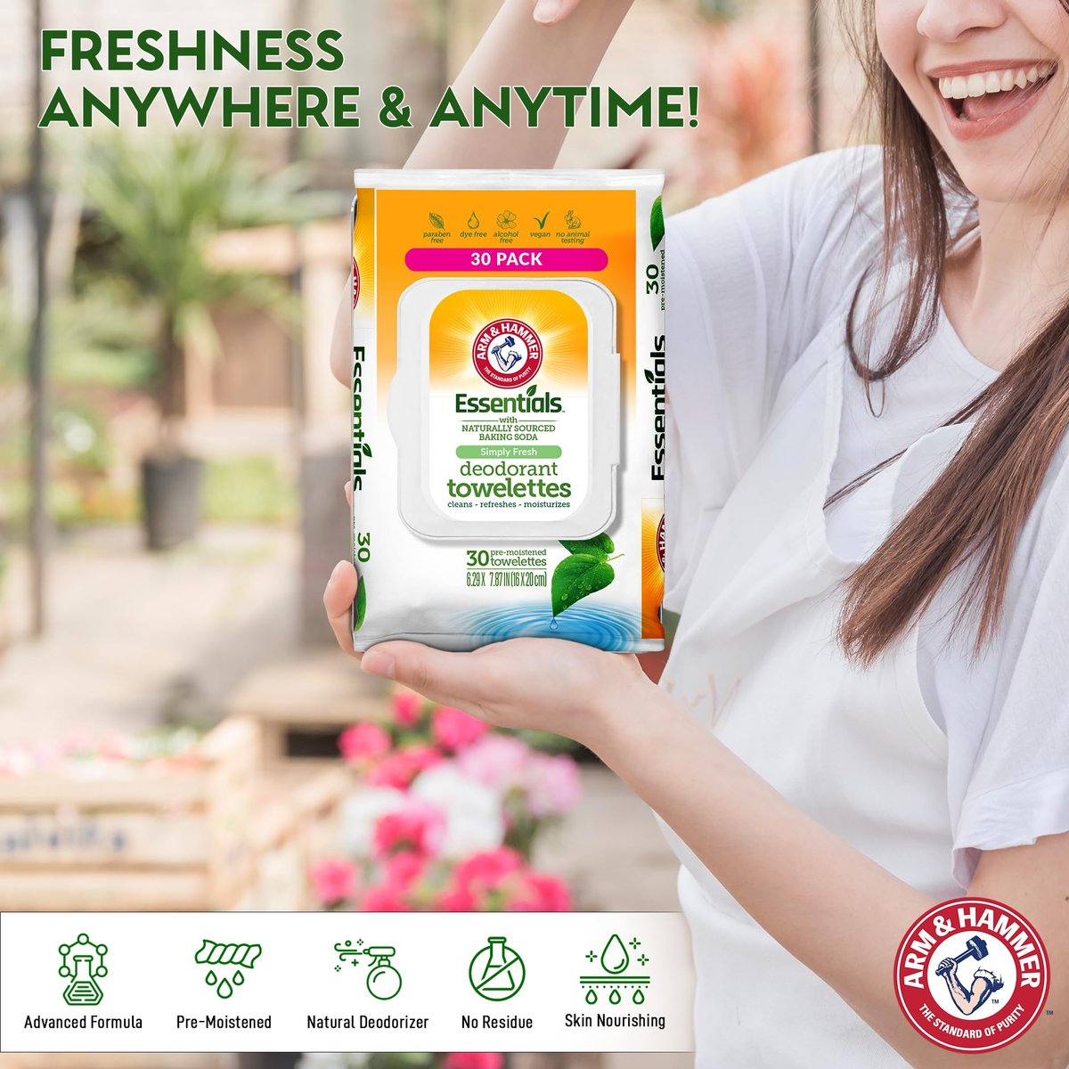 Arm & Hammer Gesichts- und Körperreinigungstücher für Erwachsene – Deodorant-Tücher 30 Blatt für Frauen – Dusch- und Reisetücher für Camping, Fitnessstudio und unterwegs – Alkoholfreie Abschnitte (Klares Wasser)