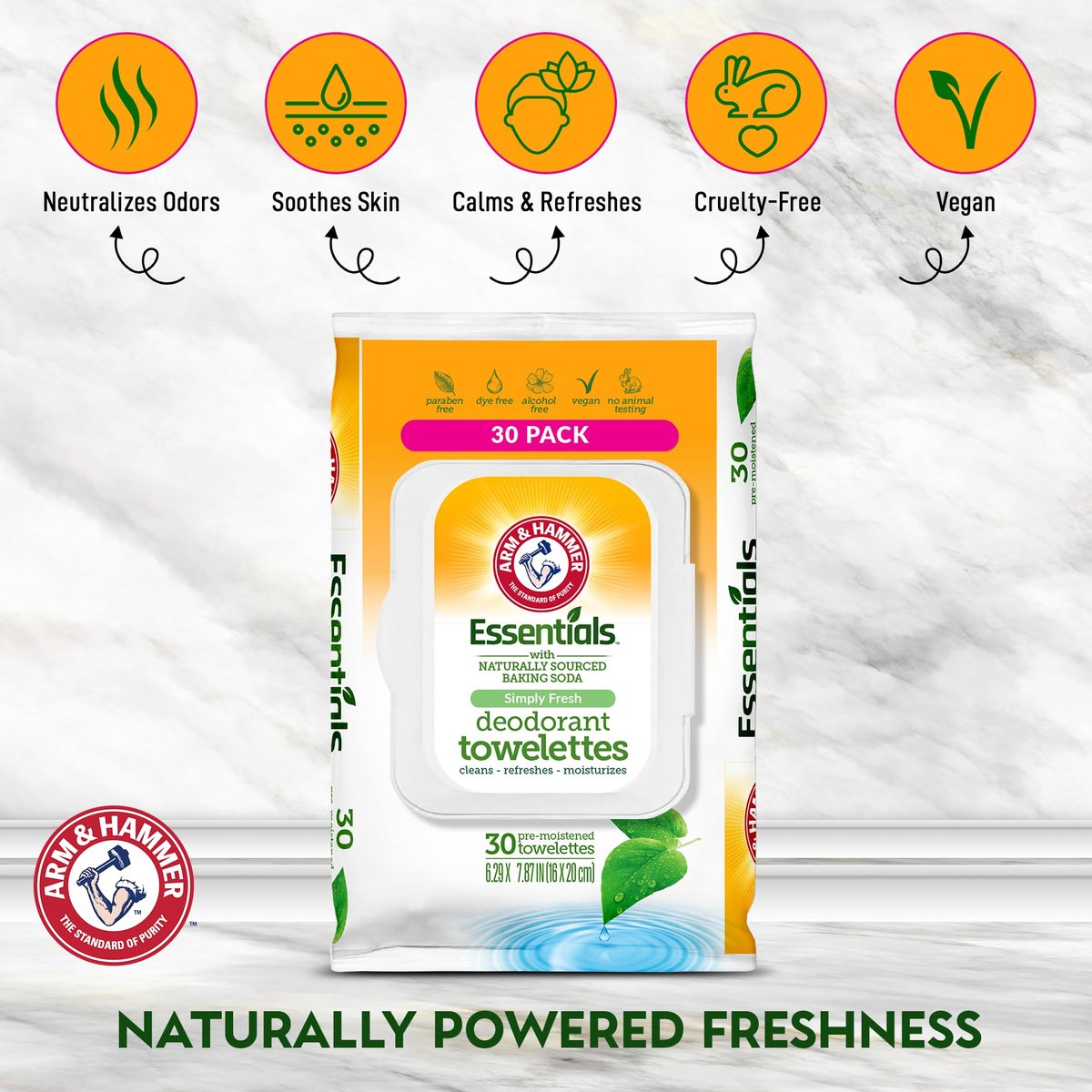 Arm & Hammer Gesichts- und Körpertücher für Erwachsene – Deodorant-Feuchttücher 30 Blatt für Frauen – Duschfeuchttücher für Reisen, Camping, Fitnessstudio und Körperpflege – Alkoholfreie Gesichtstücher (Simply Fresh)