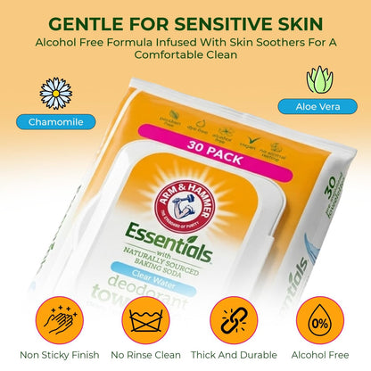 Arm & Hammer Gesichts- und Körperreinigungstücher für Erwachsene – Deodorant-Tücher 30 Blatt für Frauen – Dusch- und Reisetücher für Camping, Fitnessstudio und unterwegs – Alkoholfreie Abschnitte (Klares Wasser)