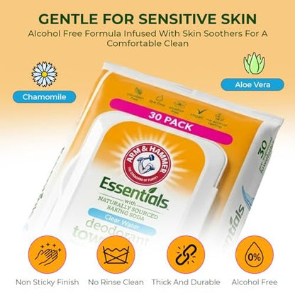 Arm & Hammer Gesichts- und Körperreinigungstücher für Erwachsene – Deodorant-Tücher 30 Blatt für Frauen – Dusch- und Reisetücher für Camping, Fitnessstudio und unterwegs – Alkoholfreie Abschnitte (Klares Wasser)