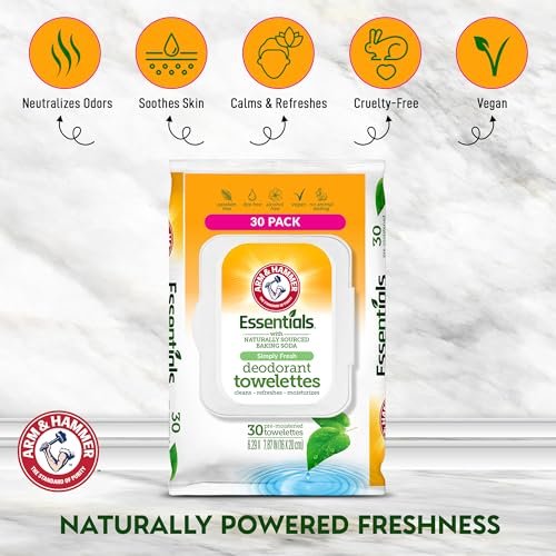 Arm & Hammer Gesichts- und Körpertücher für Erwachsene – Deodorant-Feuchttücher 30 Blatt für Frauen – Duschfeuchttücher für Reisen, Camping, Fitnessstudio und Körperpflege – Alkoholfreie Gesichtstücher (Simply Fresh)