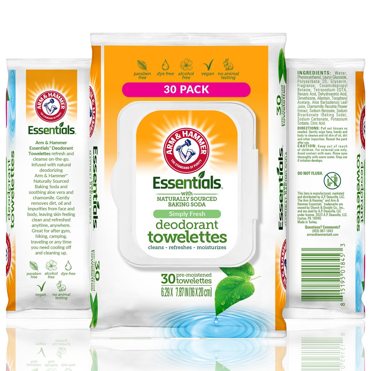 Arm & Hammer Gesichts- und Körpertücher für Erwachsene – Deodorant-Feuchttücher 30 Blatt für Frauen – Duschfeuchttücher für Reisen, Camping, Fitnessstudio und Körperpflege – Alkoholfreie Gesichtstücher (Simply Fresh)