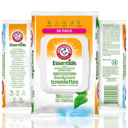 Arm & Hammer Gesichts- und Körpertücher für Erwachsene – Deodorant-Feuchttücher 30 Blatt für Frauen – Duschfeuchttücher für Reisen, Camping, Fitnessstudio und Körperpflege – Alkoholfreie Gesichtstücher (Simply Fresh)