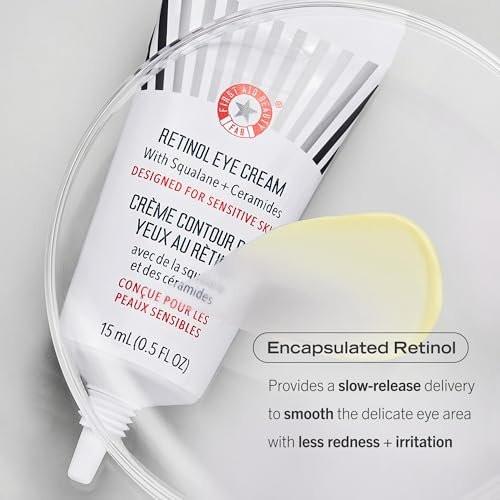First Aid Beauty Retinol Augencreme mit Squalan + Ceramiden, verkapseltes Retinol-Serum für empfindliche Haut, verbessert das Erscheinungsbild von feinen Linien und Fältchen, 0,5 oz