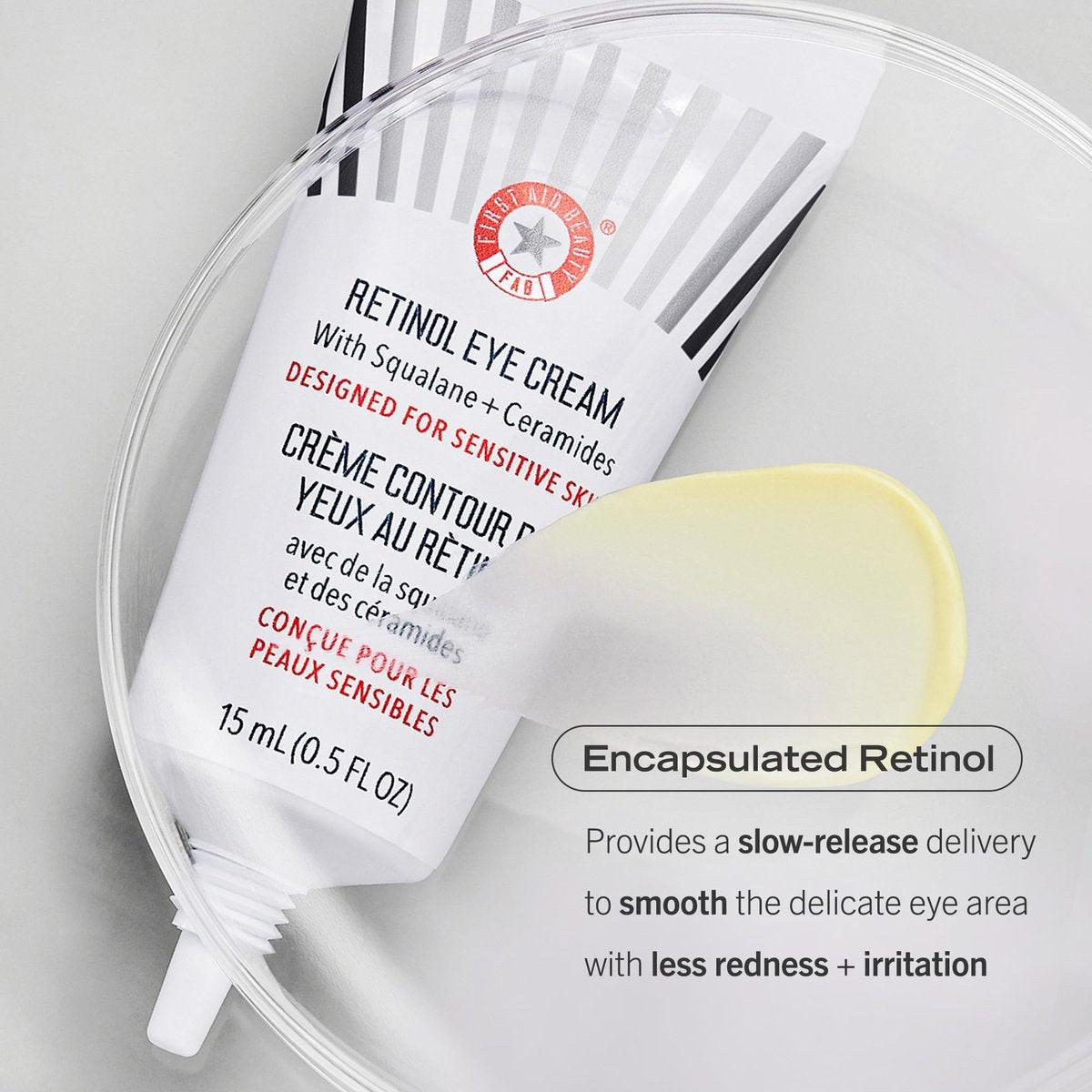 First Aid Beauty Retinol Augencreme mit Squalan + Ceramiden, verkapseltes Retinol-Serum für empfindliche Haut, verbessert das Erscheinungsbild von feinen Linien und Fältchen, 0,5 oz