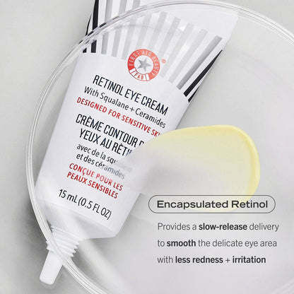 First Aid Beauty Retinol Augencreme mit Squalan + Ceramiden, verkapseltes Retinol-Serum für empfindliche Haut, verbessert das Erscheinungsbild von feinen Linien und Fältchen, 0,5 oz
