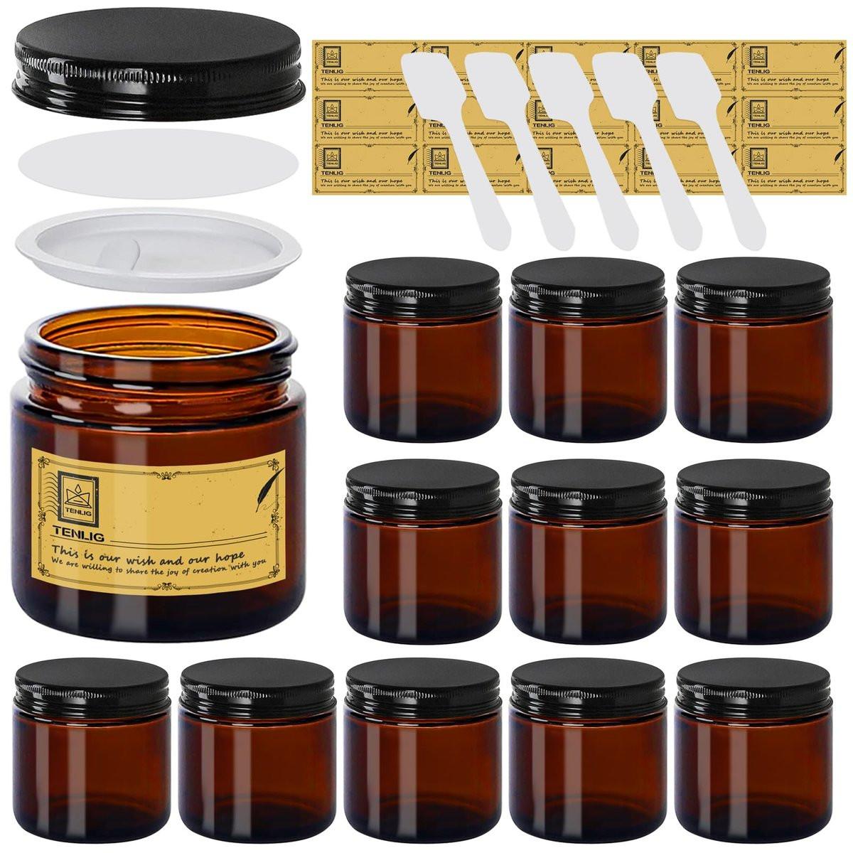 TENLIG 4 oz Glasflaschen mit Deckel, Amber, 12er-Pack leere Kosmetikbehälter mit Innendeckeln und Inneneinlagen, schwarzer Metalldeckel, wiederverwendbare runde luftdichte Gläser zur Aufbewahrung von Lotion, Puder, Kerzenherstellung