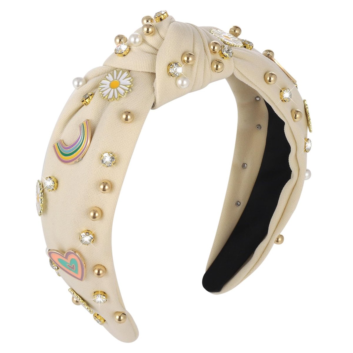 XLSXEXCL Boho Blumenkranz-Stirnband mit Perlen – Raffinierter Haarreif für Frauen und Mädchen, Beige, mit funkelnden Kristallsteinen