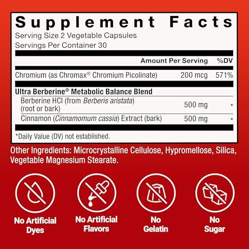 Force Factor Ultra Berberin – 500 mg Berberin HCl mit Chrom & Zimtrindenextrakt zur Unterstützung des Stoffwechsels, 60 Kapseln