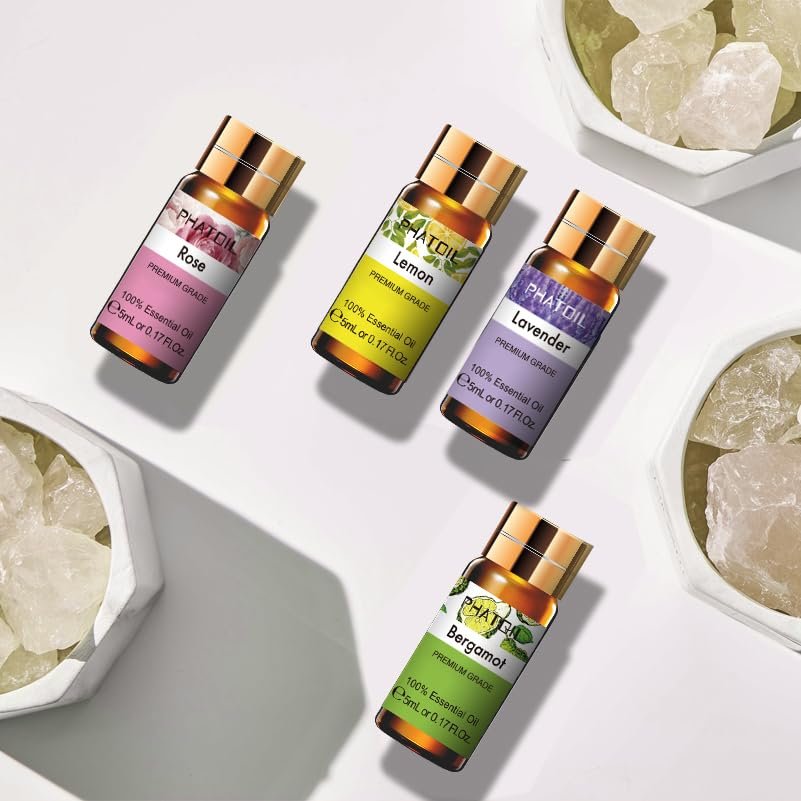 PHATOIL Ätherische Öle Set, 12x5ml Essential Oils Geschenkset mit Diffusor Holz, 100% Naturreine Ätherische Öle für Diffuser DIY Kerzen Seifenherstellung