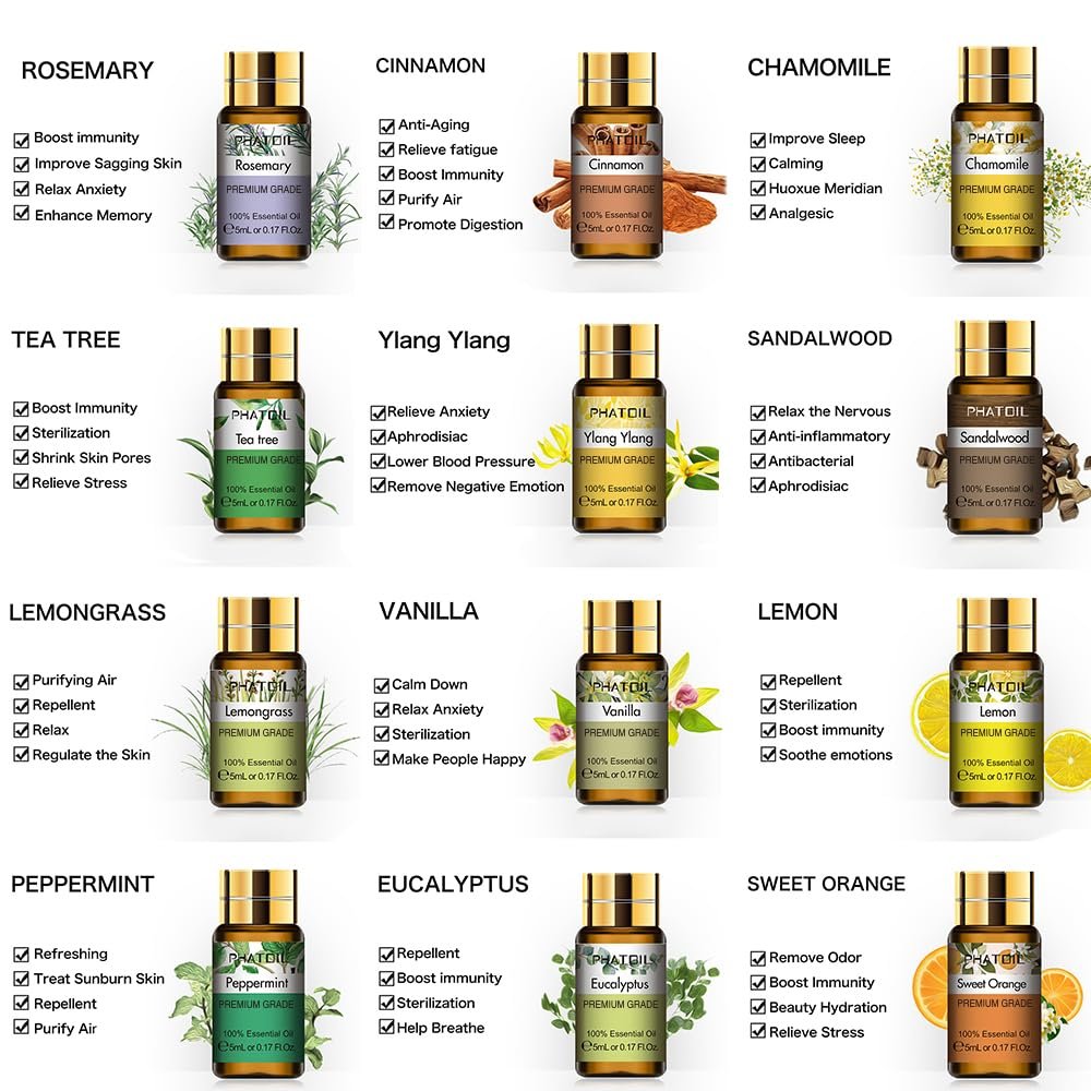 PHATOIL Ätherische Öle Set, 12x5ml Essential Oils Geschenkset mit Diffusor Holz, 100% Naturreine Ätherische Öle für Diffuser DIY Kerzen Seifenherstellung