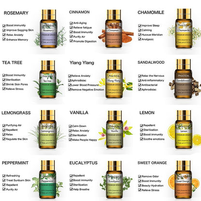 PHATOIL Ätherische Öle Set, 12x5ml Essential Oils Geschenkset mit Diffusor Holz, 100% Naturreine Ätherische Öle für Diffuser DIY Kerzen Seifenherstellung