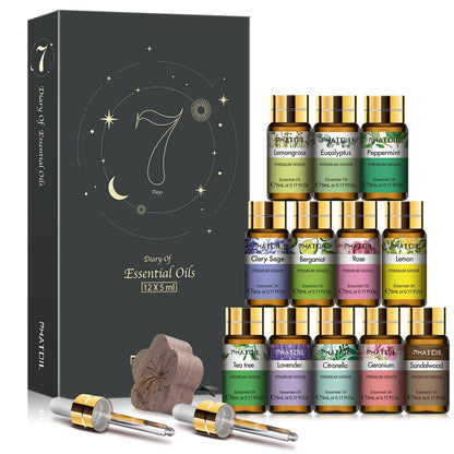 PHATOIL Ätherische Öle Set, 12x5ml Essential Oils Geschenkset mit Diffusor Holz, 100% Naturreine Ätherische Öle für Diffuser DIY Kerzen Seifenherstellung