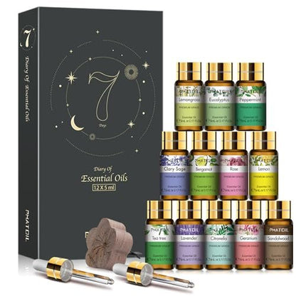 PHATOIL Ätherische Öle Set, 12x5ml Essential Oils Geschenkset mit Diffusor Holz, 100% Naturreine Ätherische Öle für Diffuser DIY Kerzen Seifenherstellung