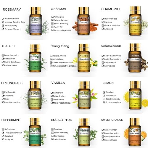 PHATOIL Ätherische Öle Set, 12x5ml Essential Oils Geschenkset mit Diffusor Holz, 100% Naturreine Ätherische Öle für Diffuser DIY Kerzen Seifenherstellung