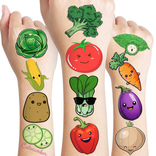 96 Stück lustige vorgestanzte Gemüse-Tattoos – Avocado, Mais, Kürbis – temporäre Tattoos für Kindergeburtstag, Partygeschenke, Schulbelohnungen