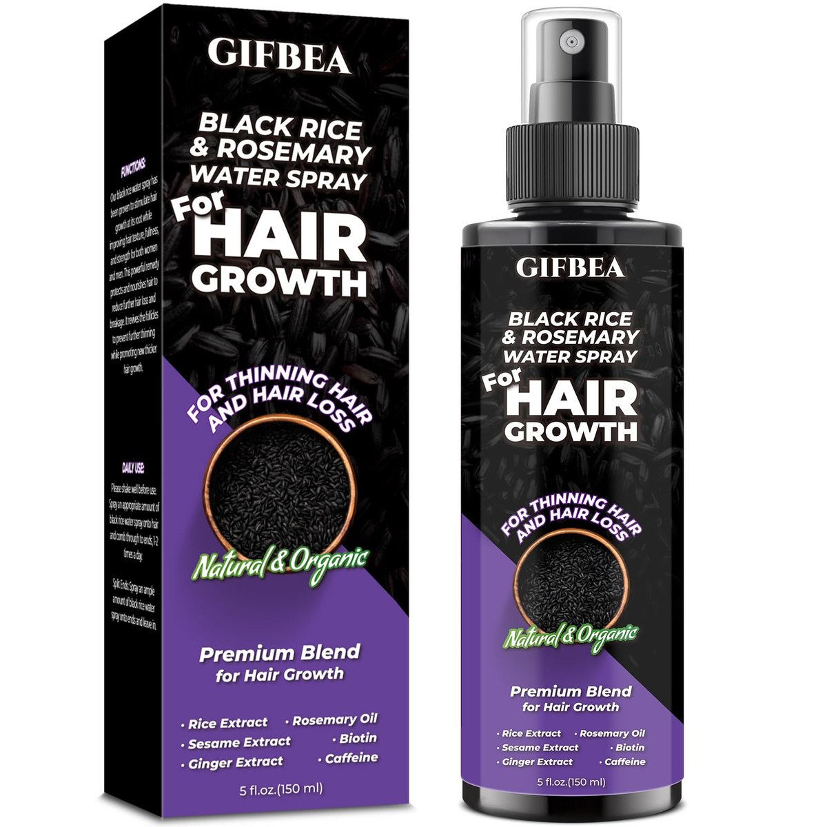 GIFBEA Bio-Black-Reiswasser Haarwuchs-Serum Spray, 150 ml, Rosmarinduft, für alle Haartypen, mit Biotin, Rizinusöl, Koffein, Haarausfall-Behandlung
