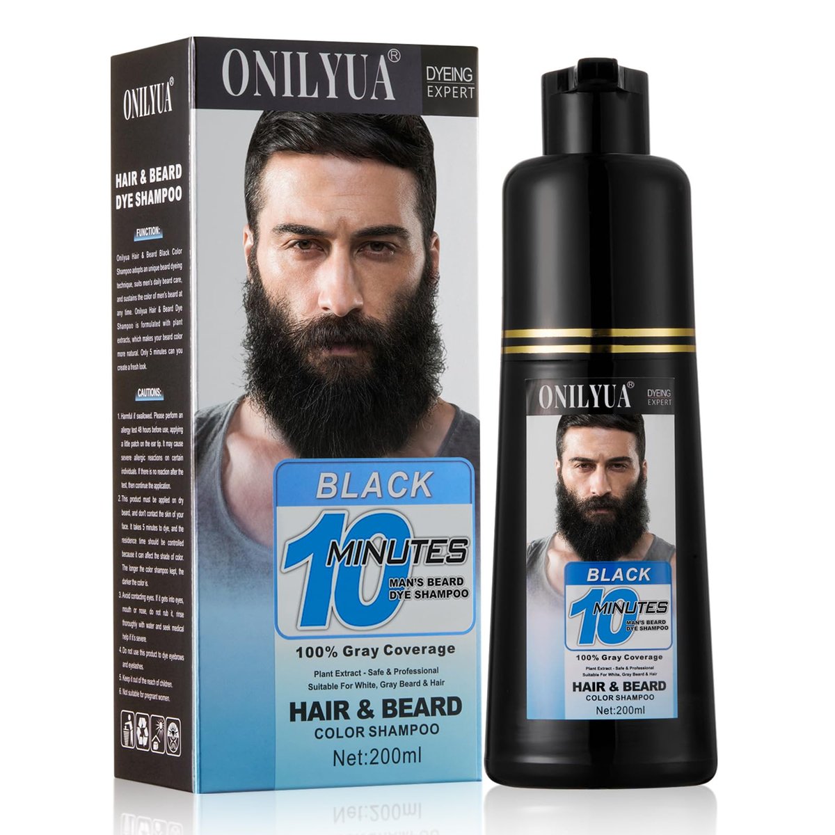 Onilyua Herren 3-in-1 Schwarzer Bartfärbe-Shampoo – Einfache Farbe für Bart & Schnurrbart, langanhaltende Graureduzierung, 200 ml