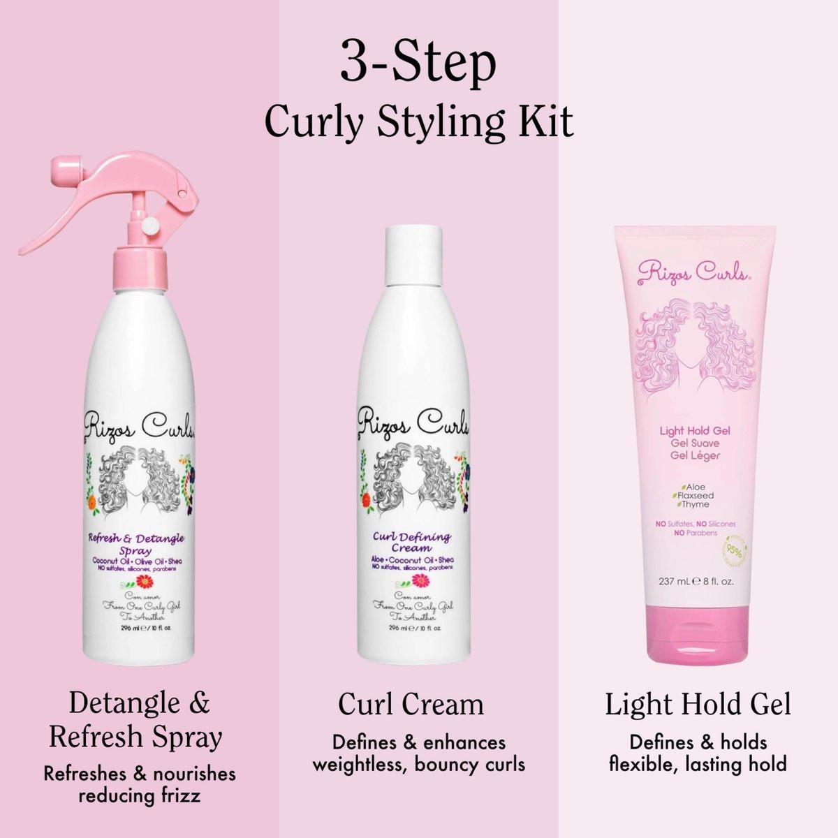 Rizos Curls Styling Starter Kit – Set mit Refresh & Detangle Spray, Curl Defining Cream & Light Hold Gel – Mehr Volumen & Halt, Frizz-Kontrolle & Glanz für Locken