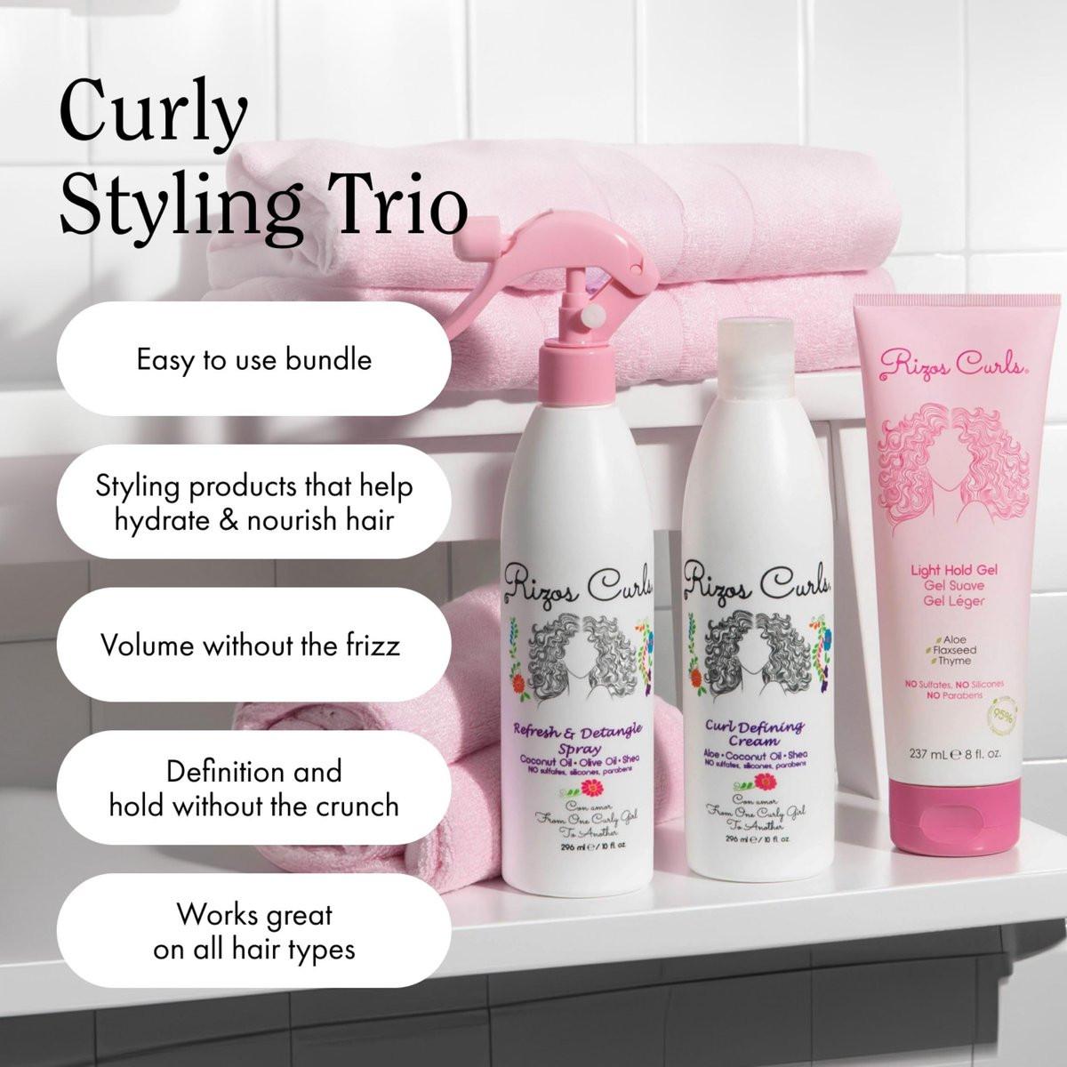 Rizos Curls Styling Starter Kit – Set mit Refresh & Detangle Spray, Curl Defining Cream & Light Hold Gel – Mehr Volumen & Halt, Frizz-Kontrolle & Glanz für Locken
