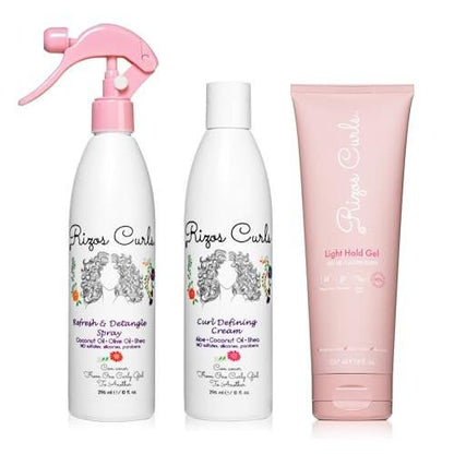 Rizos Curls Styling Starter Kit – Set mit Refresh & Detangle Spray, Curl Defining Cream & Light Hold Gel – Mehr Volumen & Halt, Frizz-Kontrolle & Glanz für Locken