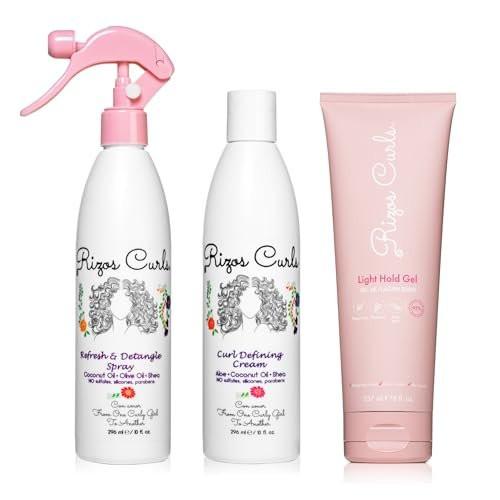 Rizos Curls Styling Starter Kit – Set mit Refresh & Detangle Spray, Curl Defining Cream & Light Hold Gel – Mehr Volumen & Halt, Frizz-Kontrolle & Glanz für Locken