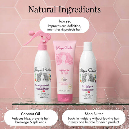 Rizos Curls Styling Starter Kit – Set mit Refresh & Detangle Spray, Curl Defining Cream & Light Hold Gel – Mehr Volumen & Halt, Frizz-Kontrolle & Glanz für Locken