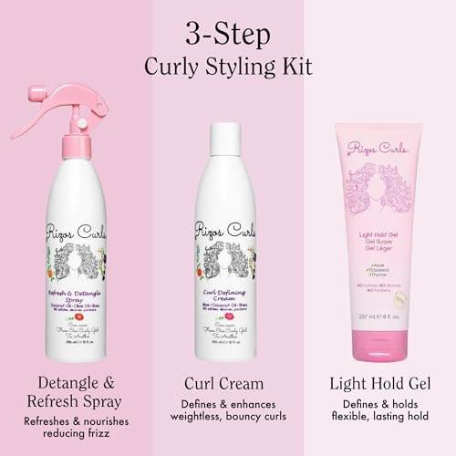 Rizos Curls Styling Starter Kit – Set mit Refresh & Detangle Spray, Curl Defining Cream & Light Hold Gel – Mehr Volumen & Halt, Frizz-Kontrolle & Glanz für Locken