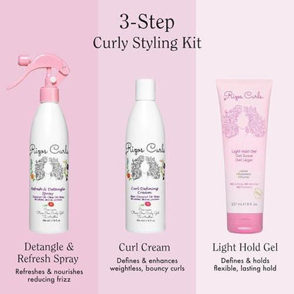 Rizos Curls Styling Starter Kit – Set mit Refresh & Detangle Spray, Curl Defining Cream & Light Hold Gel – Mehr Volumen & Halt, Frizz-Kontrolle & Glanz für Locken